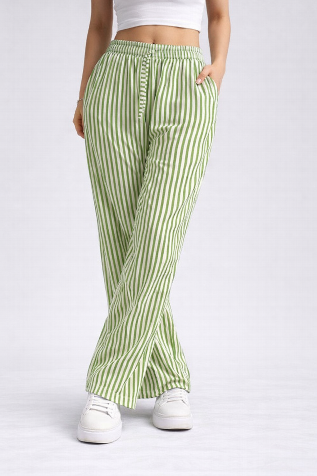 Antonella | Pantalones de pierna ancha con rayas para mujer, cintura elástica y bolsillos prácticos